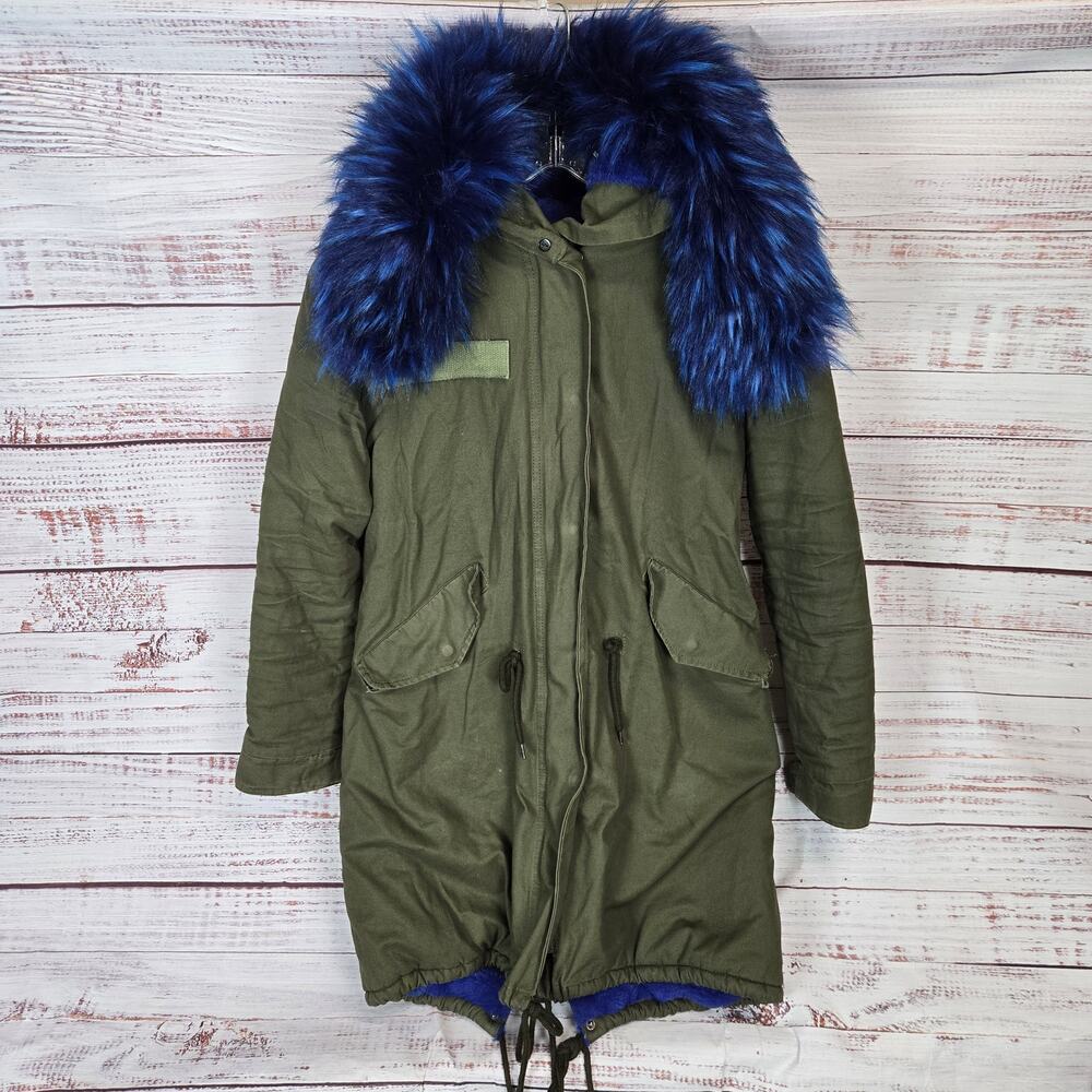 Olive Green Parka with Blue Faux Fur Trim